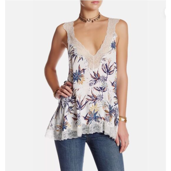 Free People Bell Flower Ivory Blue Lace Double V Boho Lightweight Tunic Tank XS - Picture 1 of 11